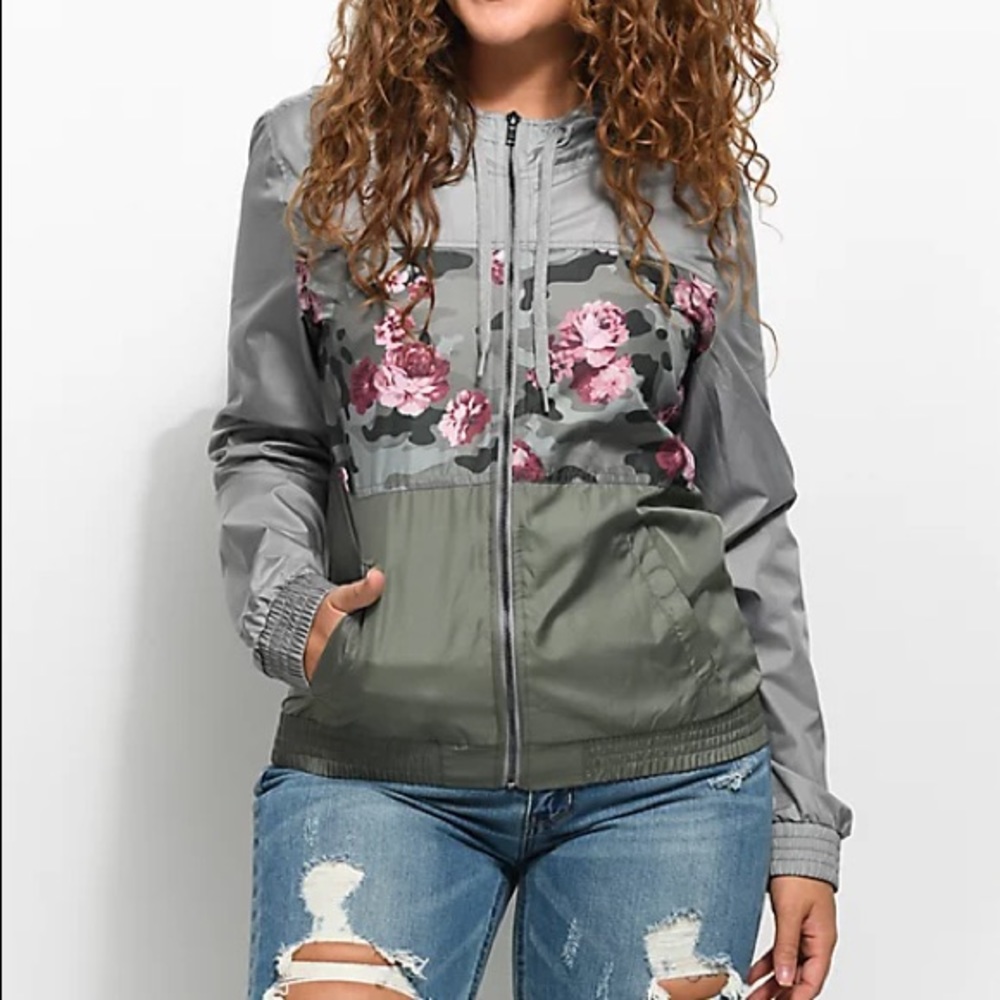 Empyre Sutton Olive & Camo Floral Windbreaker Jacket S